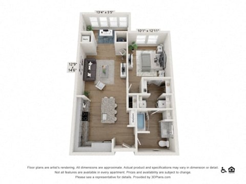 Floor plan for 1 bed, 1 bath, 892 sqft